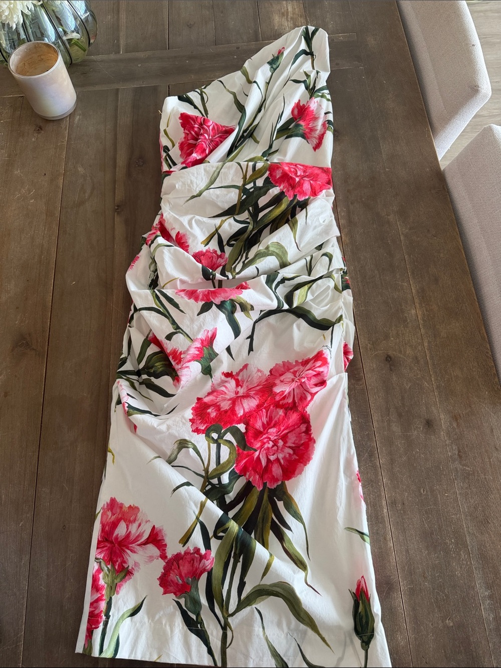 Dolce & Gabbana White One-Shoulder Dress with Pink Floral Print